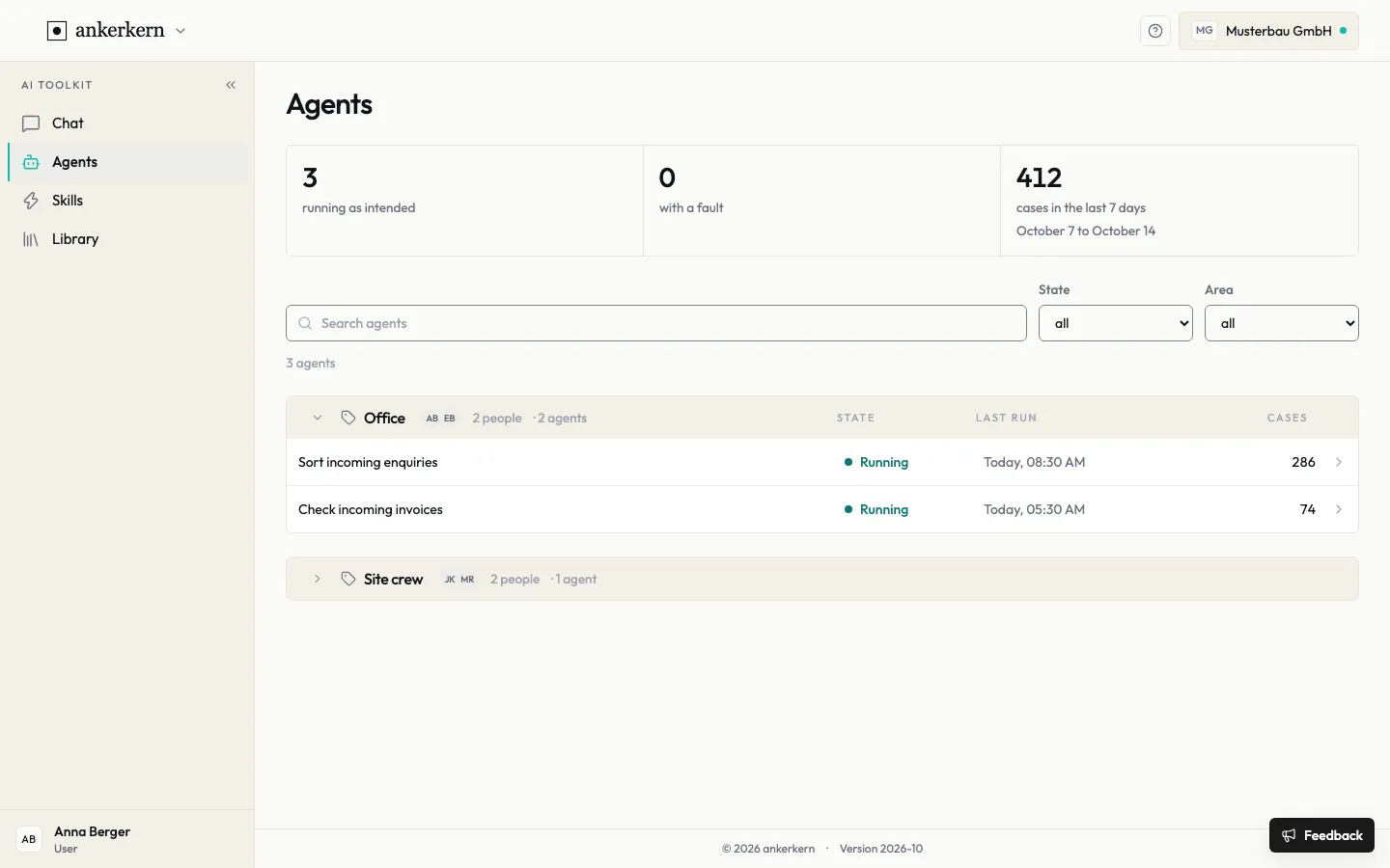 The agents overview with key figures and the agents of the Office team