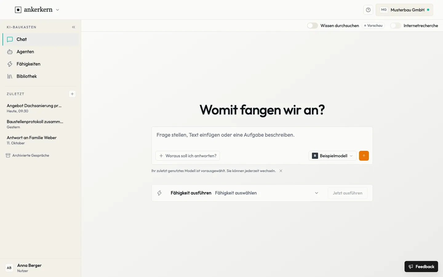 Der Chat mit der Liste der letzten Gespräche