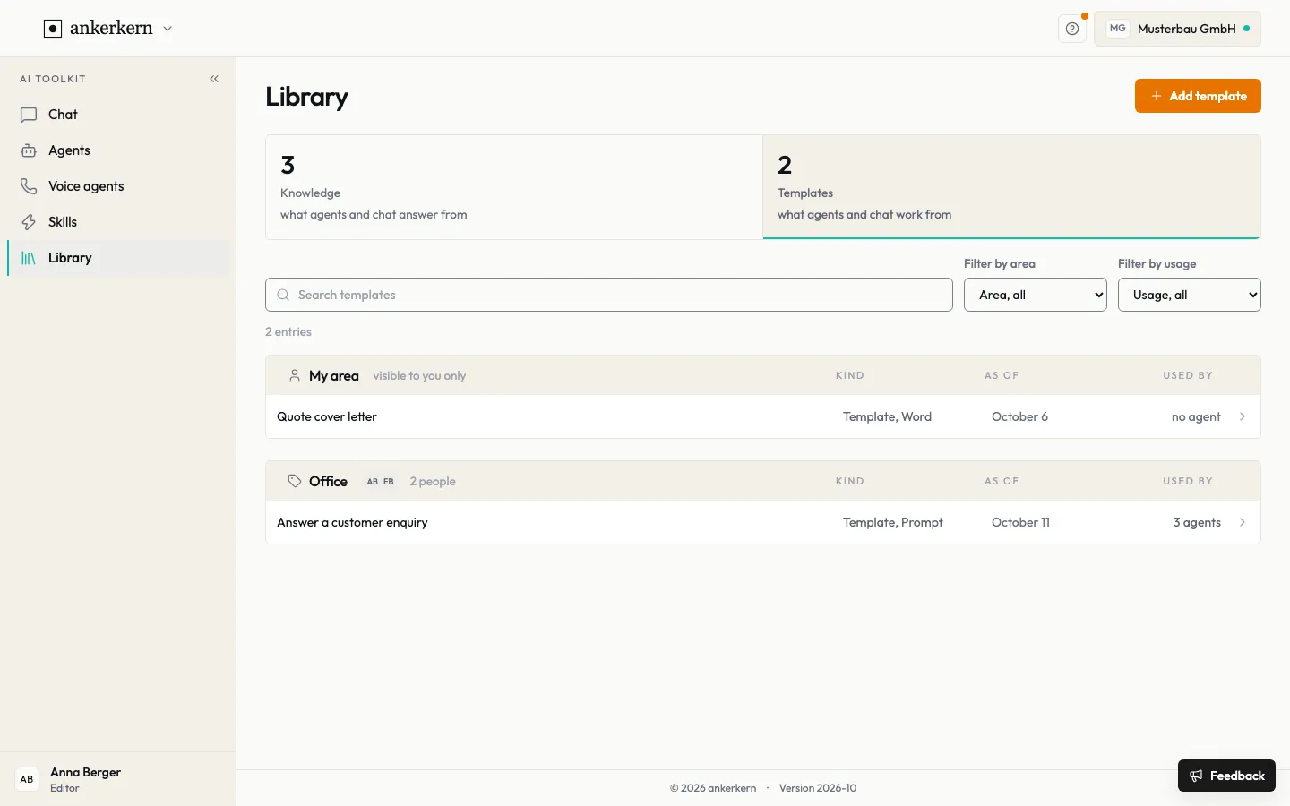 The library, Templates part, with a prompt and a Word template