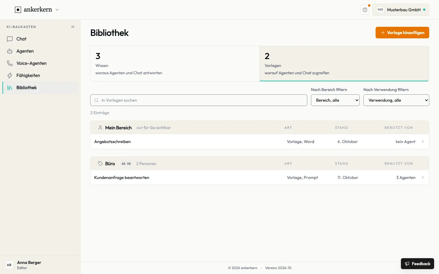 Die Bibliothek, Teil Vorlagen, mit einem Prompt und einer Word-Vorlage