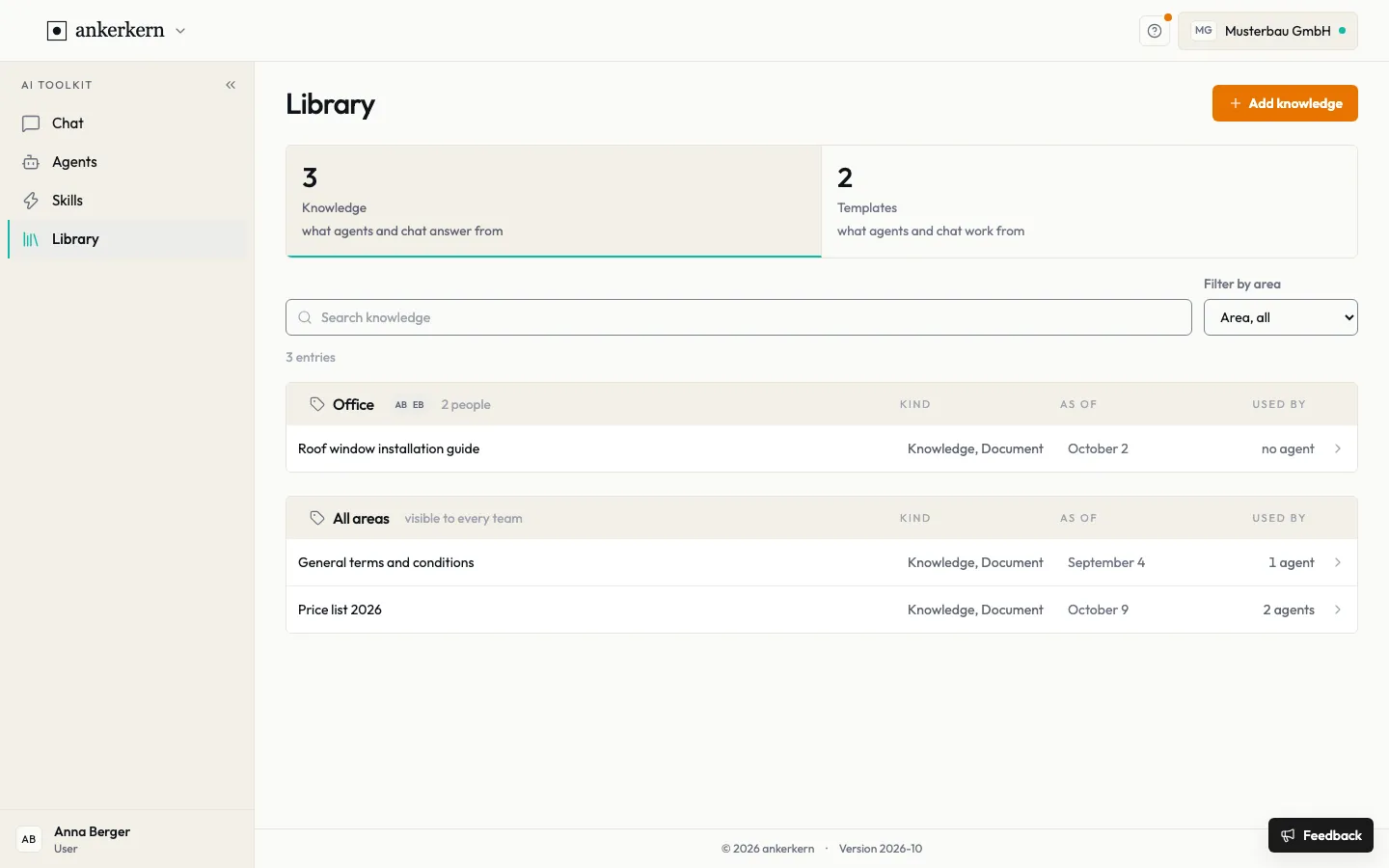 The library, Knowledge part, with entries by area