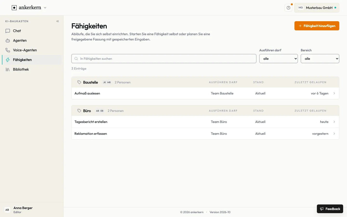 Die Übersicht der Fähigkeiten, nach Teams gruppiert