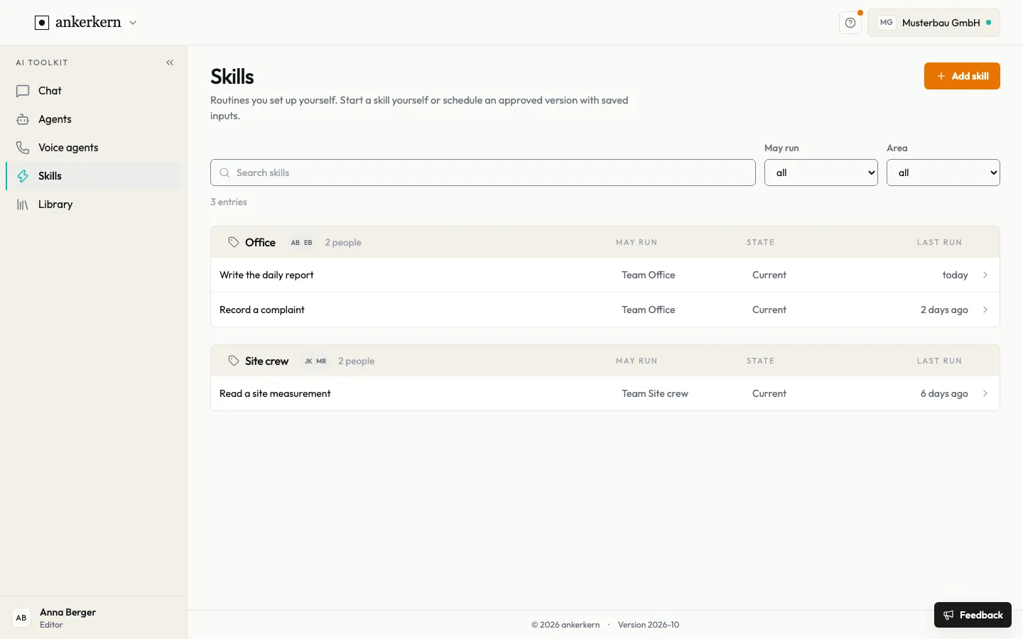 The skills overview, grouped by team