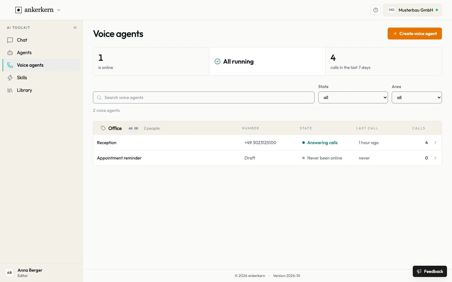 The voice agents overview with number and state